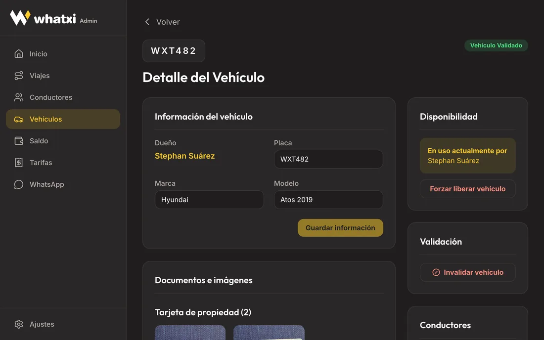 Captura del panel de Whatxi: detalle de un taxi validado con dueño, placa, marca y modelo, quién lo está usando y su tarjeta de propiedad