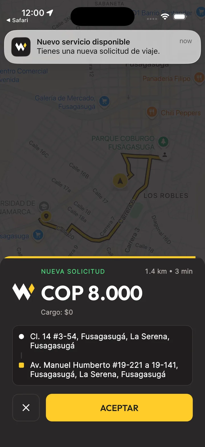 Nueva solicitud en la app: COP 8.000, ruta del Parque Coburgo a la Universidad de Cundinamarca