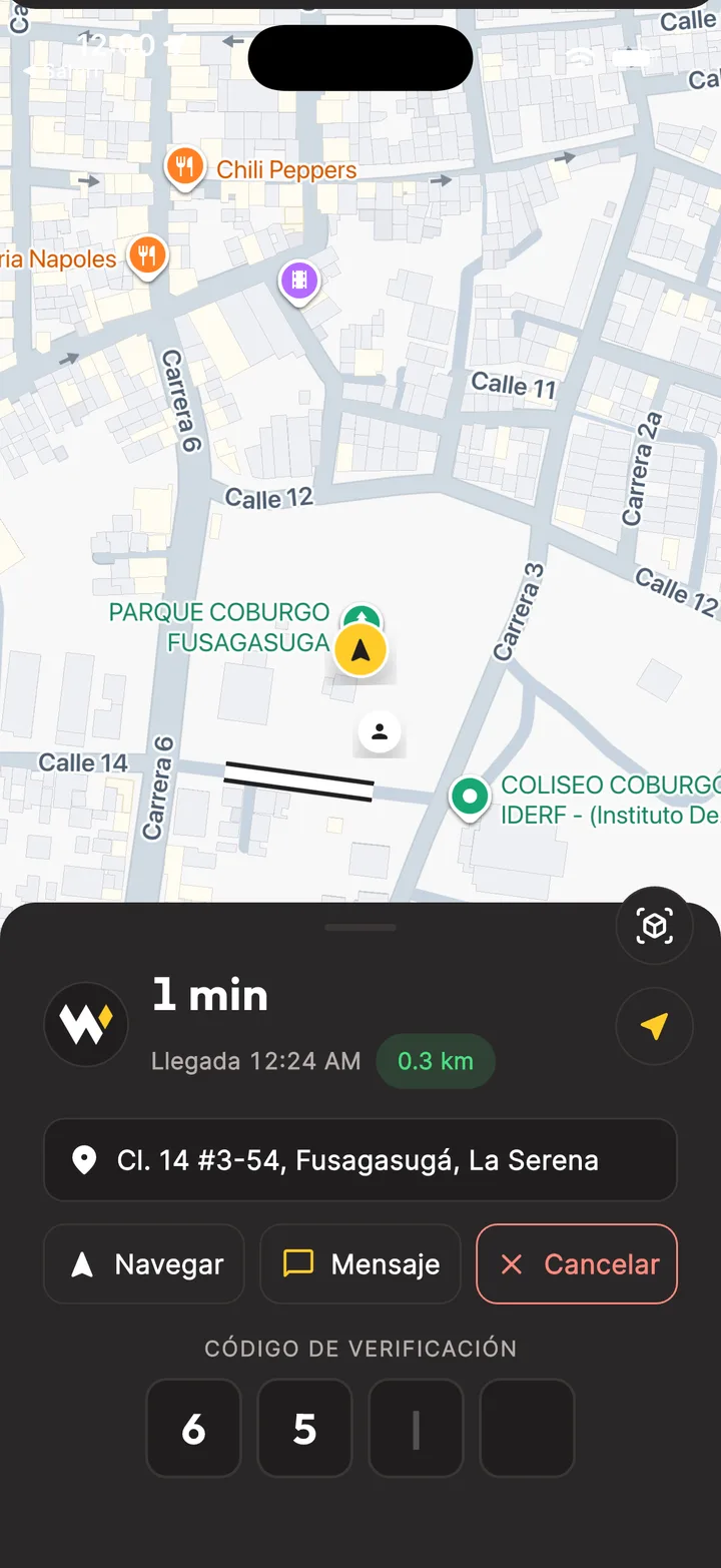 Panel del viaje en la app con el campo del código de verificación