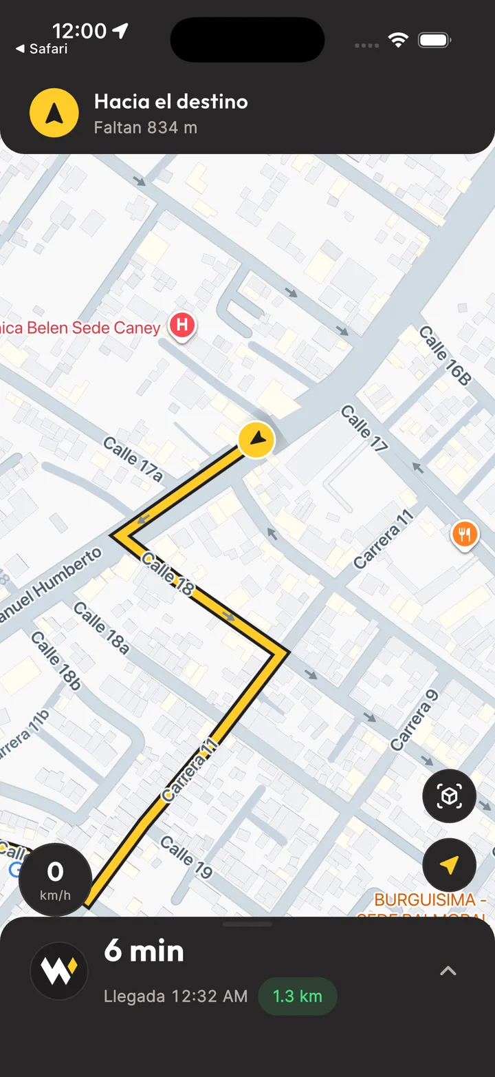 Navegación hacia el destino en la app, con la distancia restante y la hora de llegada