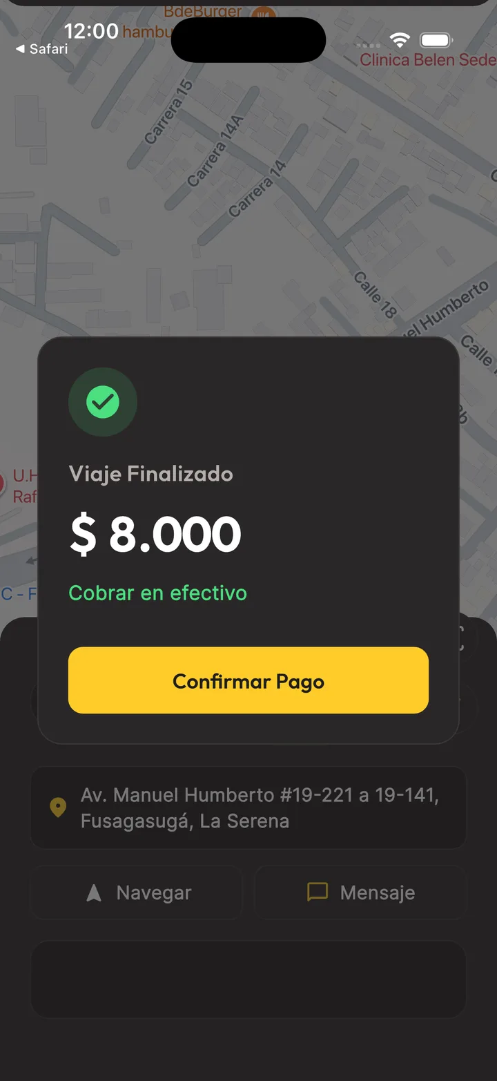 Viaje finalizado en la app, con el valor para cobrar en efectivo
