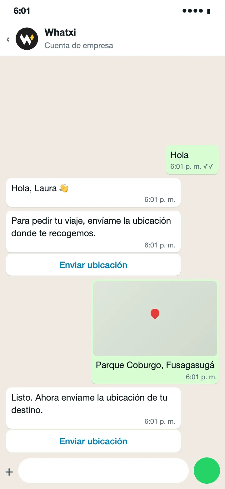 Chat con el bot: la pasajera comparte la ubicación del Parque Coburgo