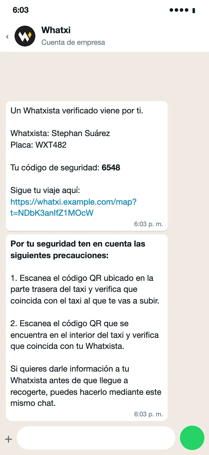 Chat con el Whatxista asignado, la placa, el código de seguridad y las indicaciones para escanear los QR