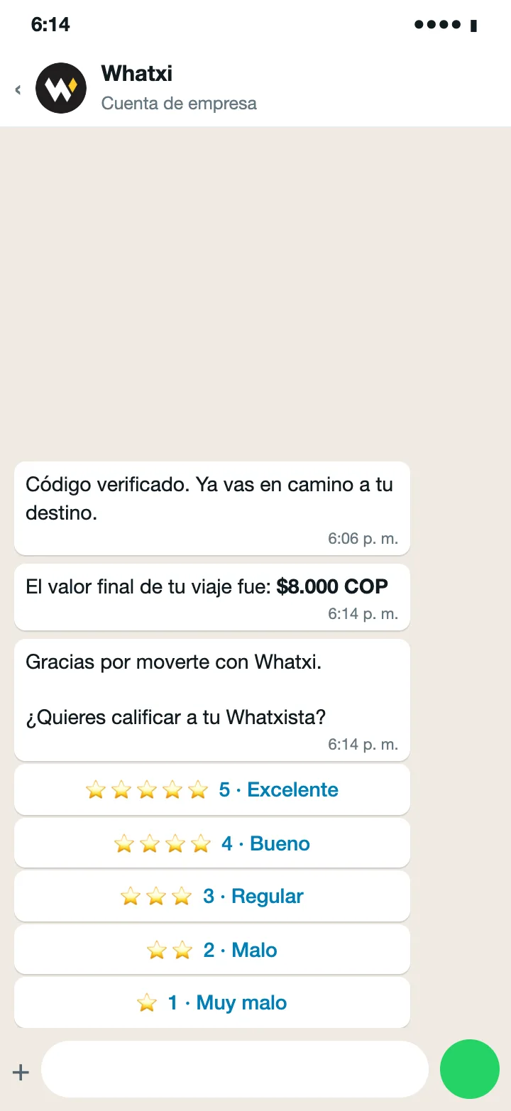 Chat con el valor final del viaje y la invitación a calificar al Whatxista