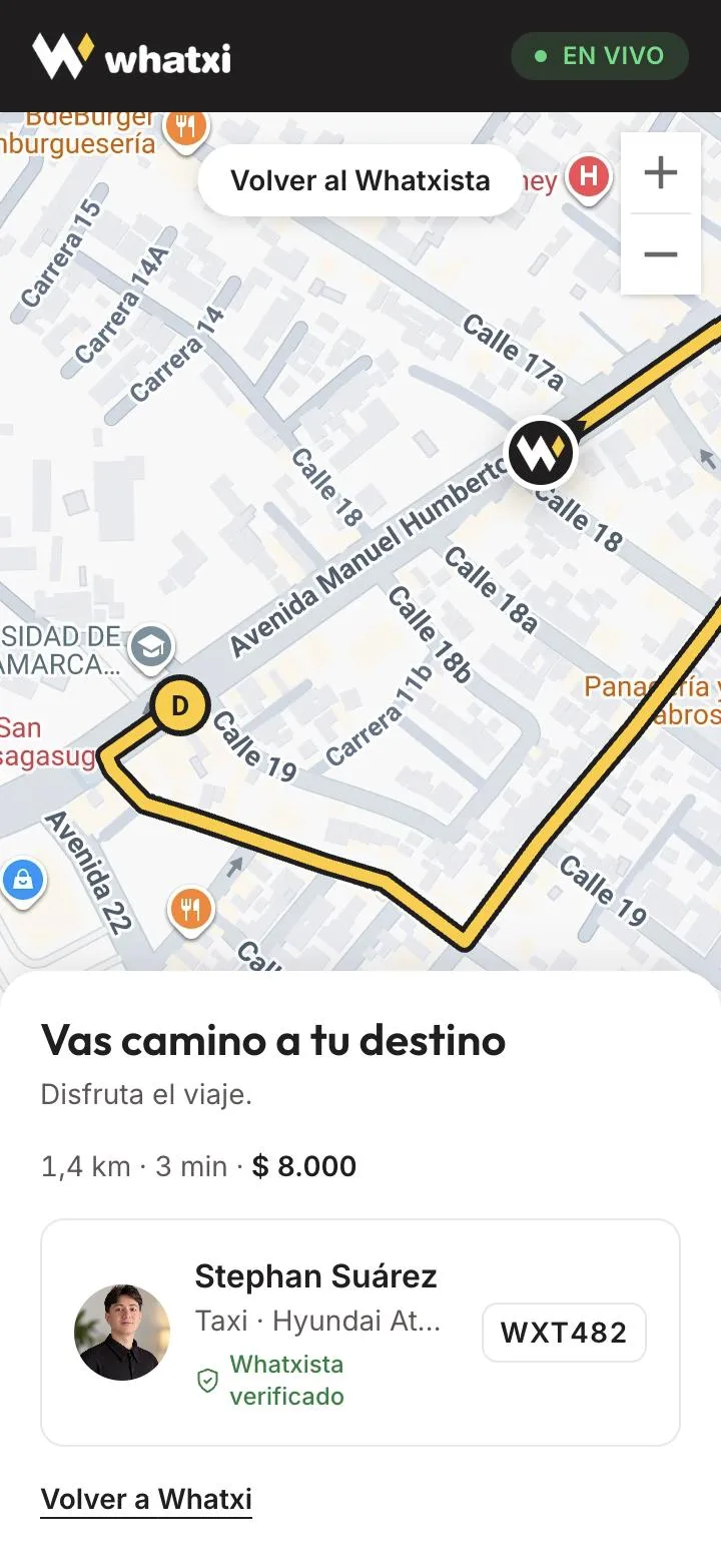 Mapa en vivo del viaje hacia el destino, con el Whatxista y la placa